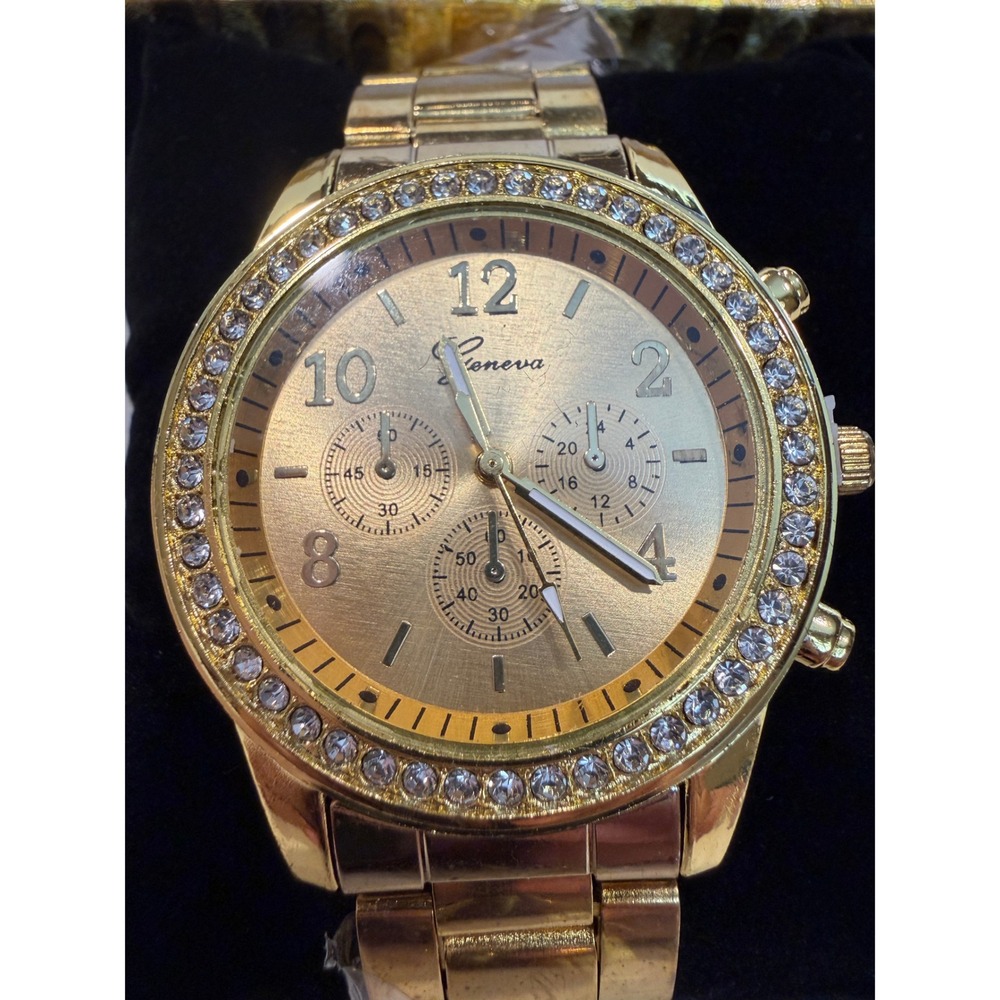 Geneva Crystal Bezel Gold-Tone Chronograph-Style Watch